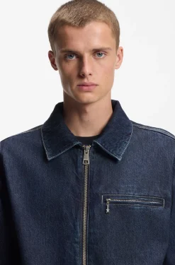 Zip-up jacket in blue denim with chest pocket