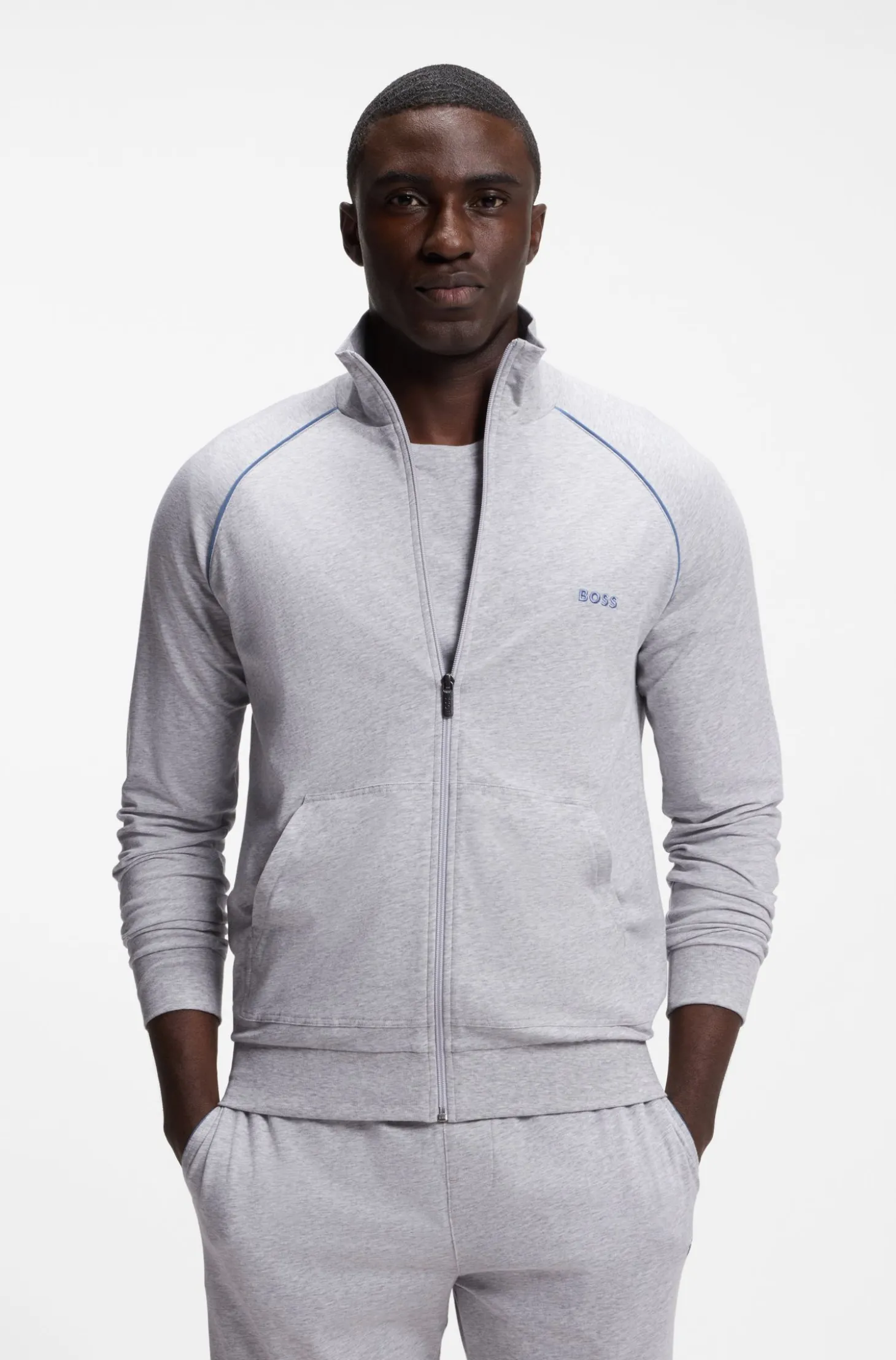 ZIp-up jacket in stretch cotton with contrast piping