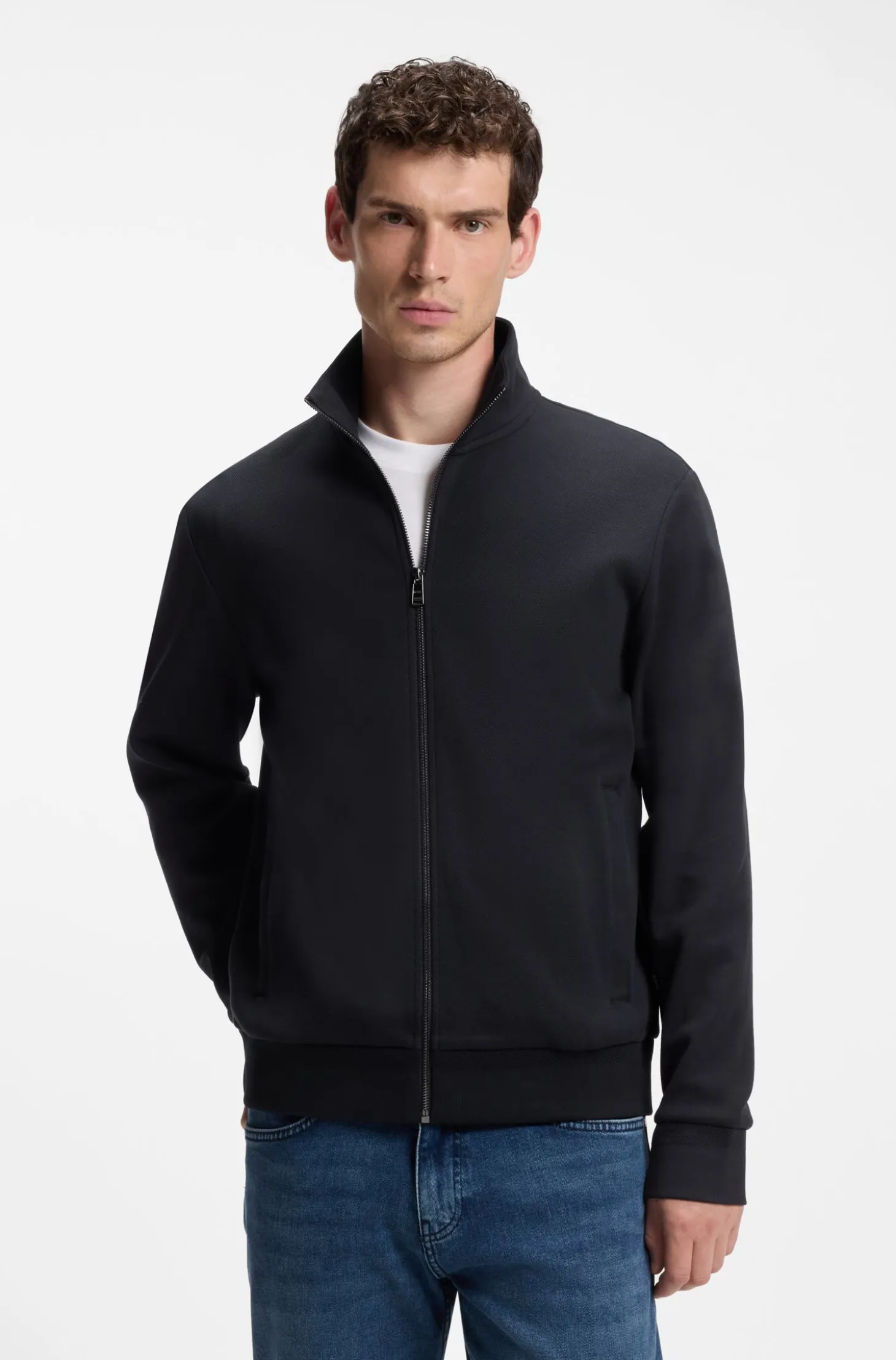Zip-up sweatshirt in mercerised stretch-cotton piqué